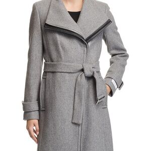 Calvin Klein Asymmetrical Belted Wool Coat with Leather Trim